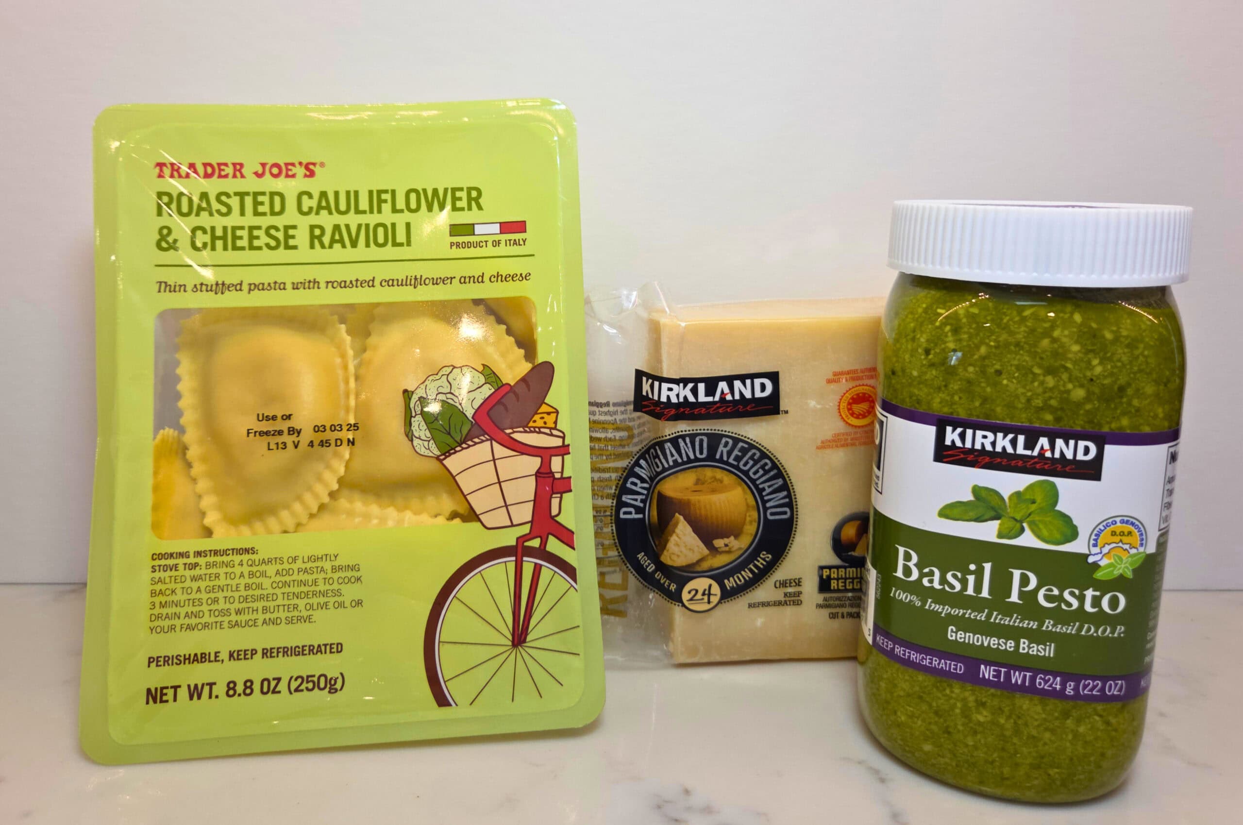 pesto, ravioli, and parmesan cheese ingredients 